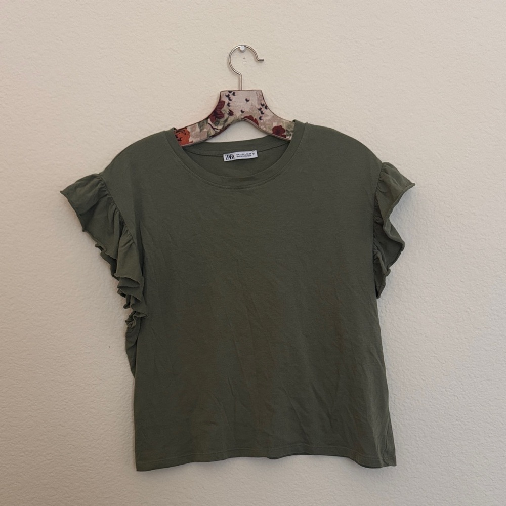 Zara Olive Green Ruffle Sleeve Tee